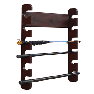 美式壁挂鱼竿展示架 手钓鱼竿展架 实木6位收纳架 家用渔具摆放架