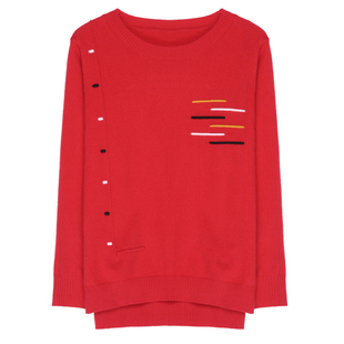 本命年针织红毛衣女宽松外穿秋冬新款韩版短款上衣圆领加绒打底衫