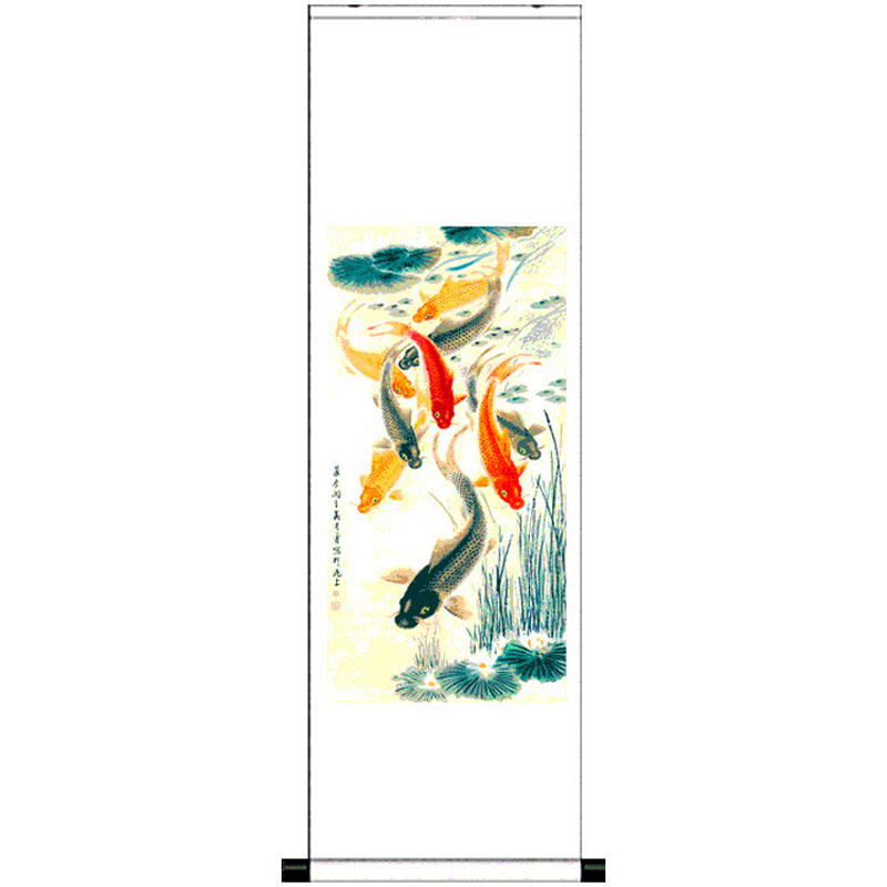 招财九鱼图水草鲤鱼图风水玄关装饰挂画古典壁画卷轴画丝绸礼品画