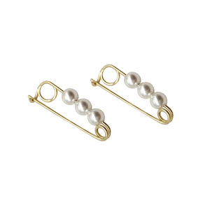 新品14k包金曲别针珍珠耳环925纯银回形针朋克潮人耳钉耳饰双耳孔