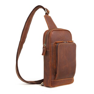 疯马皮男士胸包真皮小背包竖款男包头层牛皮休闲复古风单肩斜挎包