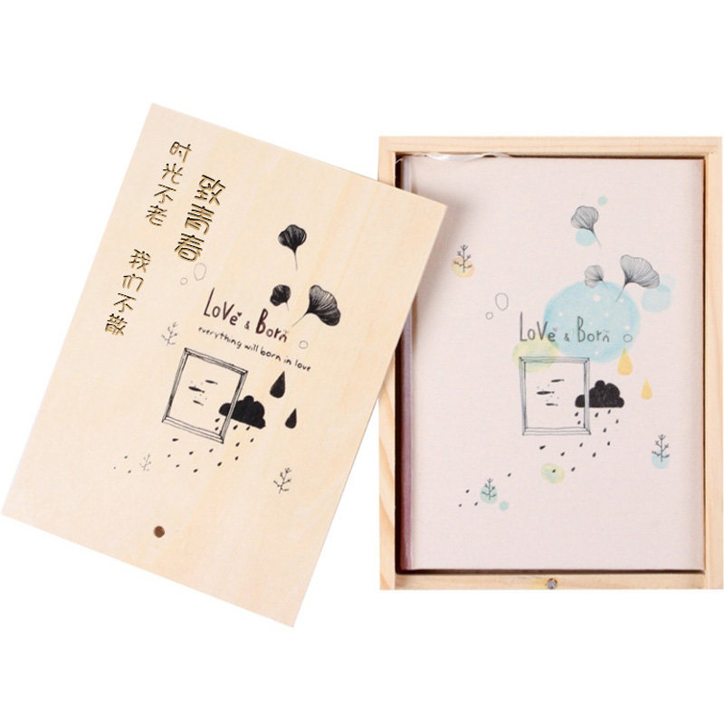 刻字笔记本diy定制小清新彩页记事本木盒装日记本创意布面手帐本