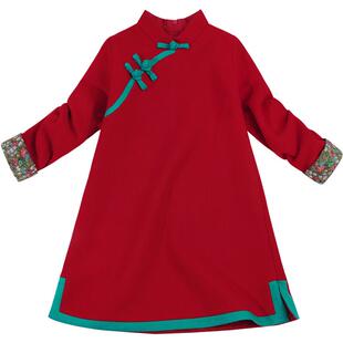 雅童小铺童装女童长袖旗袍羊毛大红色冬季儿童中式连衣裙新年唐装