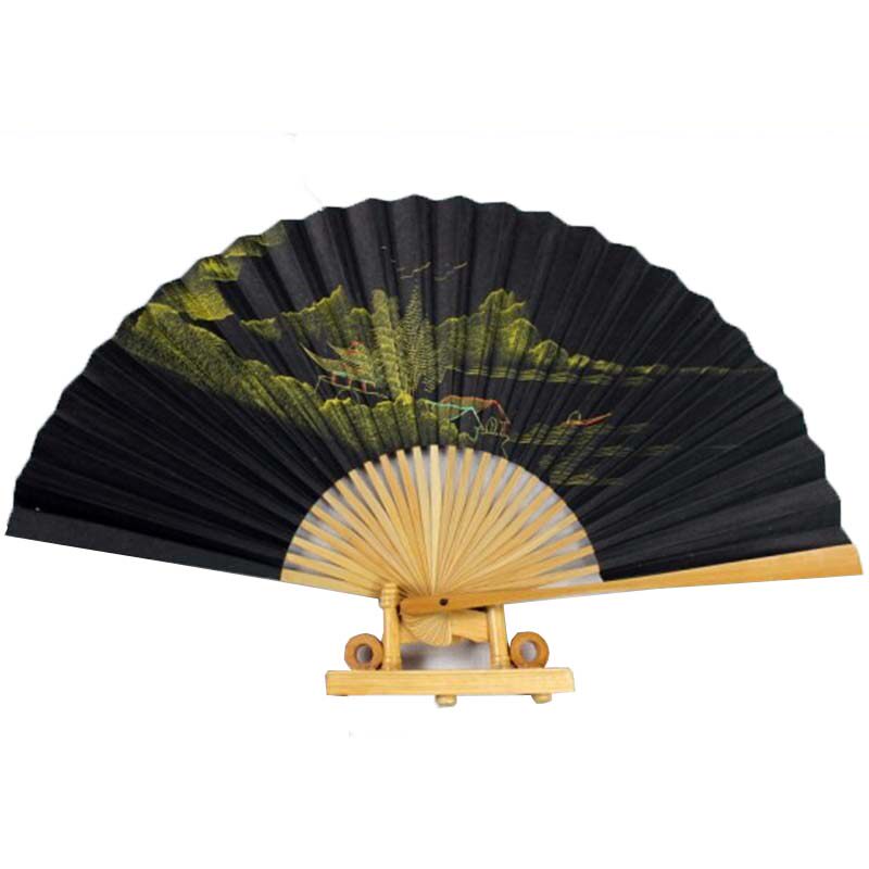 仙宝传统晒白全玉骨手绘黑纸折扇 手绘山水毛全本玉骨黑纸扇子9寸