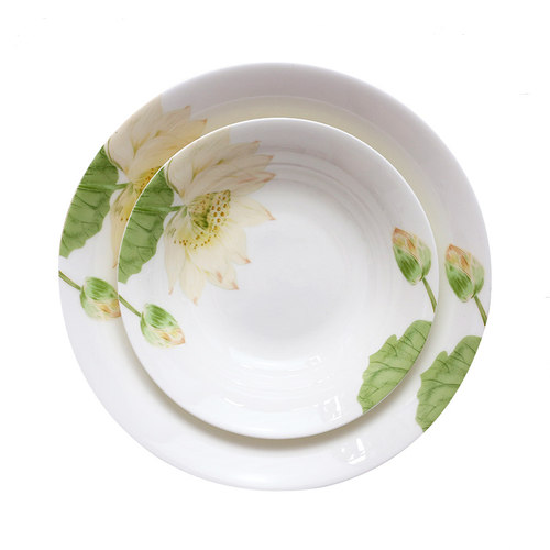 骨瓷韩式汤盘 7.5英寸深盘 5.5英寸小吃盘 凉菜碟子 荷花图案盘子