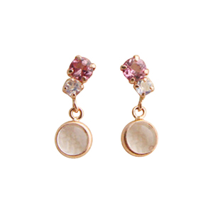 包邮新日本代购饰品天然粉色碧玺月光石吊坠玫瑰金耳环耳钉女耳坠