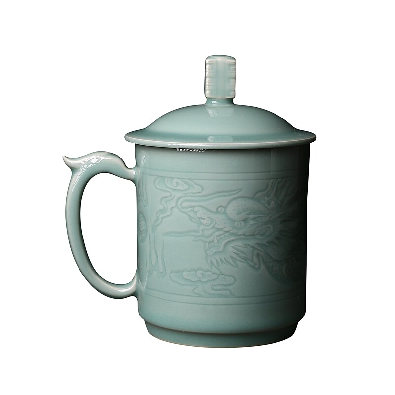 徐建新龙纹带盖青瓷茶杯