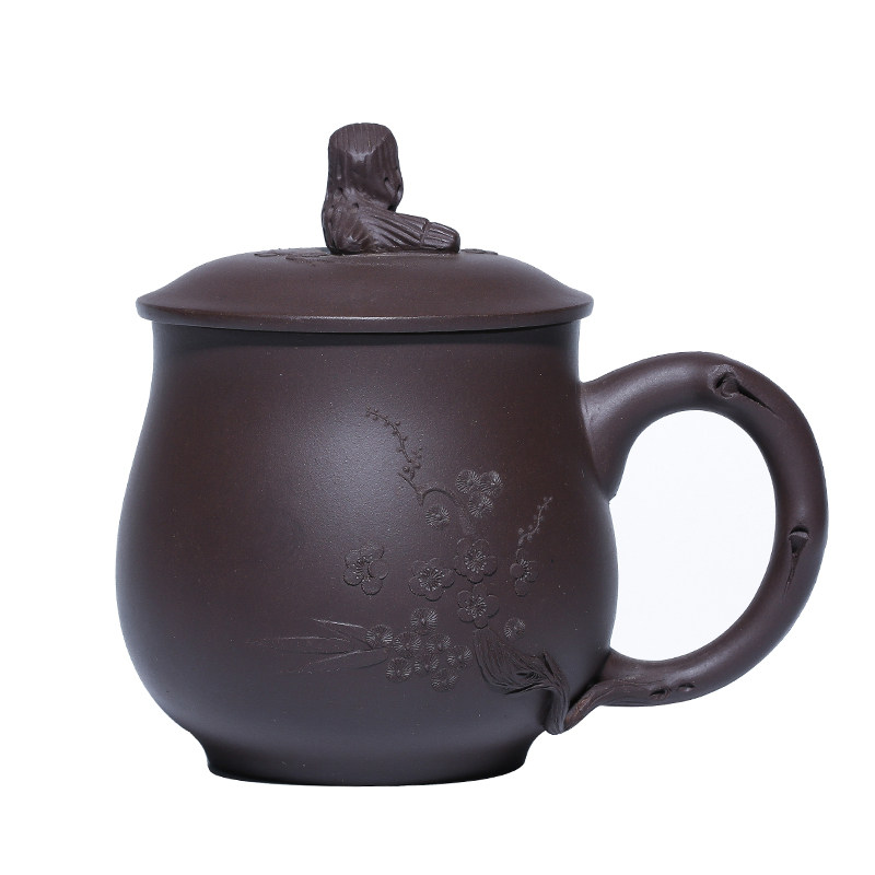 宜兴紫砂杯盖杯全纯手工老紫泥刻花办公杯茶具盒装非陶瓷杯子茶杯