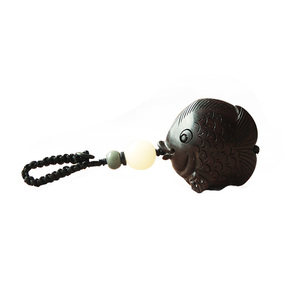 【鸿运当头】高档汽车钥匙扣挂件 黑檀木 手工雕刻 鱼挂饰 菩提子