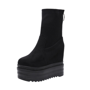 12CM秋冬超高跟女靴坡跟内增高厚底短靴防水台松糕底中筒靴马丁靴