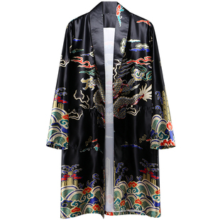 春秋款复古男装民族风中式印花龙袍外套风衣男中长款新款无扣开衫