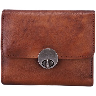 法缇斯新款复古真皮短款钱包女防盗锁扣简约头层牛皮小零钱夹卡包