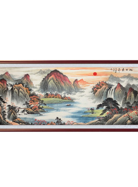 旭日东升纯手绘靠山风水山水画客厅餐厅办公室招财国画有框装饰画