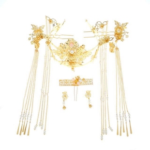 新娘饰品古装凤冠头饰秀禾和服民族风金色红色流梳吊坠步摇发钗