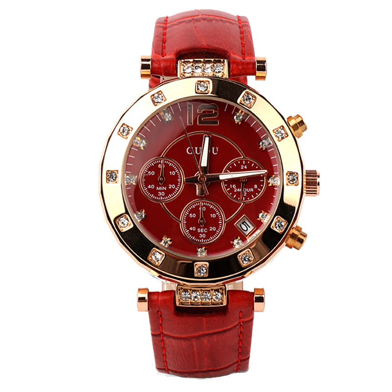 古欧GUOU正品时尚潮流女士镶水钻真皮表带学生时装手表女石英表潮