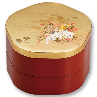 日本山中金箔花两层寿司盒漆器