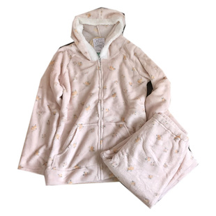 日系可爱法兰绒拉链带帽小碎花长袖加厚珊瑚绒睡衣套装家居服加绒