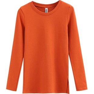 秋冬纯色内搭长袖棉圆领T恤打底衫开叉修身简约基础款女款体恤