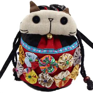 化境民族风特色手工多色小猫水桶包女士休闲旅游斜跨包创意可爱包