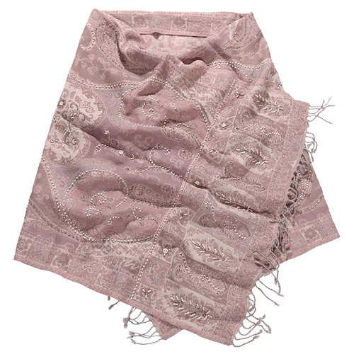 印度羊毛围巾女显白干枯玫瑰色披肩秋冬季刺绣钉珠办公室保暖披巾