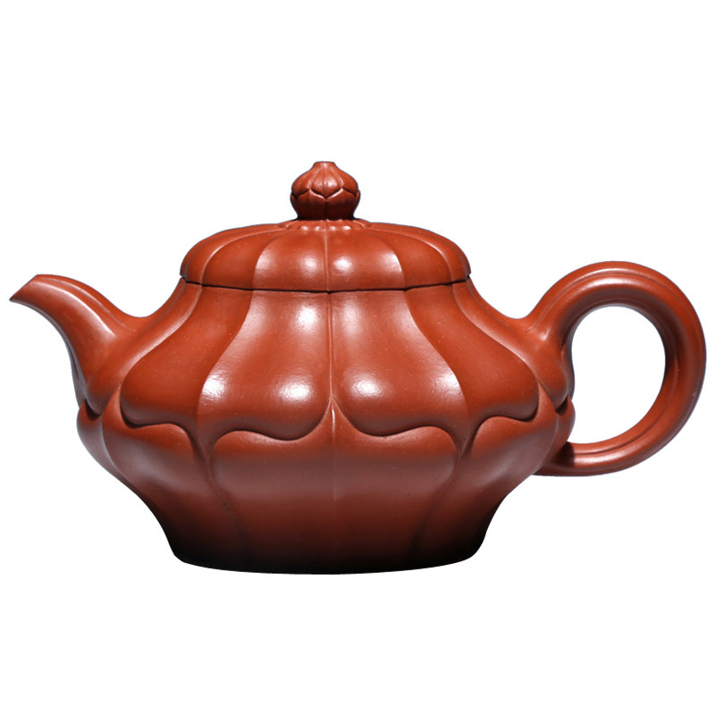 宜兴紫砂壶茶具名家吴竹霞纯手工原矿大红袍朱泥壶 230CC扁合菱壶