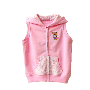 女童春秋蕾丝薄款带帽小熊背心坎肩上衣儿童全棉马甲宝宝开衫马夹