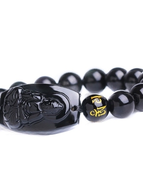 天然黑曜石六字真言守护神手链