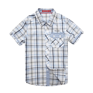 ELLE童装kids男孩短袖衬衫潮纯棉中大童格子衬衣大男童上衣夏半袖