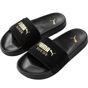 彪马运动拖鞋男女翻毛皮365758黑金标烫金丝绒PUMA运动沙滩拖鞋