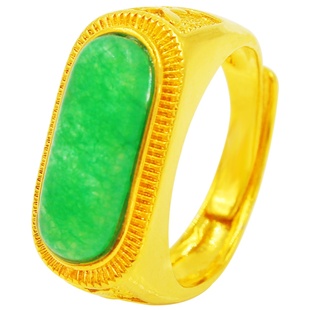 创缘镀黄金戒指男生开口人工宝石镀金方形绿宝石戒指活口调节大小