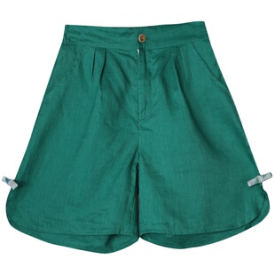 远镇森系田园风文艺复古短裤女夏宽松中式盘扣亚麻裤子棉麻松紧腰