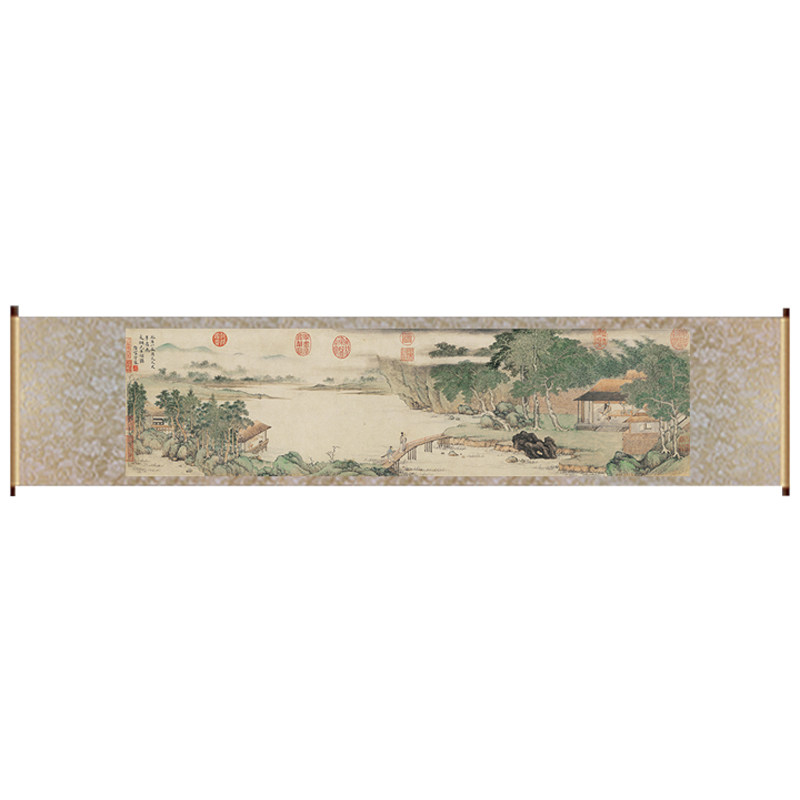 山水长卷手卷定制上睿携琴访友图茶室包厢装饰壁画丝绸国画横幅