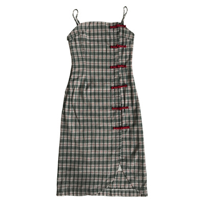 时光国风少女复古盘扣格纹连衣裙