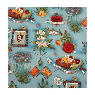 手工diy布料面料复古vintage摇滚印花府绸布料 蓝相框面料 半米价