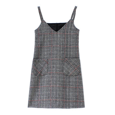 格子显瘦百搭气质毛呢连衣裙