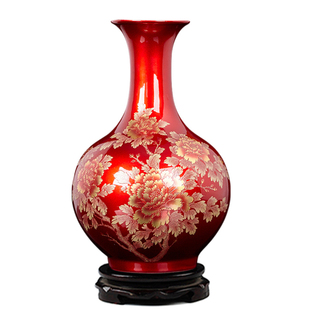 景德镇陶瓷器 中国红水晶釉花开富贵花瓶 现代家饰工艺品客厅摆件