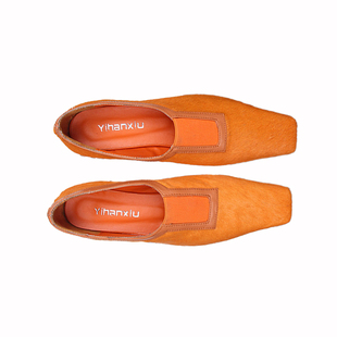 2025新品欧版走秀款方头深口真马毛里外皮松紧带套脚平底女单鞋潮