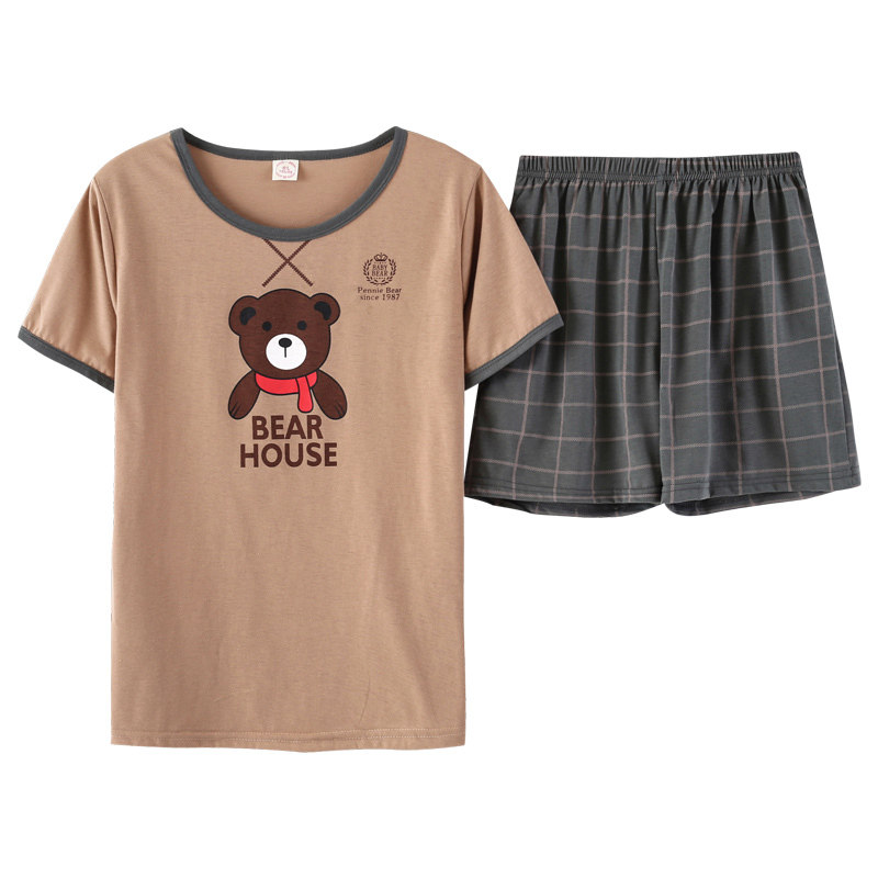 100%纯棉情侣睡衣夏季翻领短袖短裤女可爱卡通男士全棉家居服套装