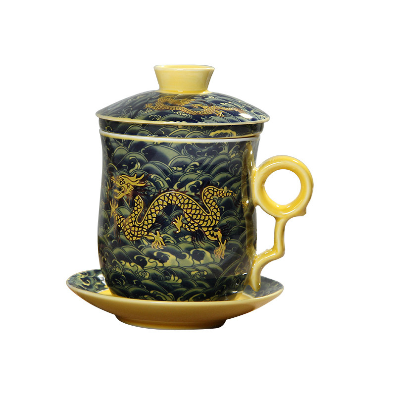 景德镇龙杯四件套茶杯陶瓷过滤带盖办公会议个人泡茶飘逸茶杯特价