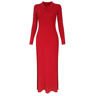 高级感法式改良旗袍年轻款小个子针织连衣裙长款到脚踝修身毛衣裙