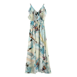 沙滩裙女泰国巴厘岛度假波西米亚雪纺V领吊带裙海边连衣裙长裙夏