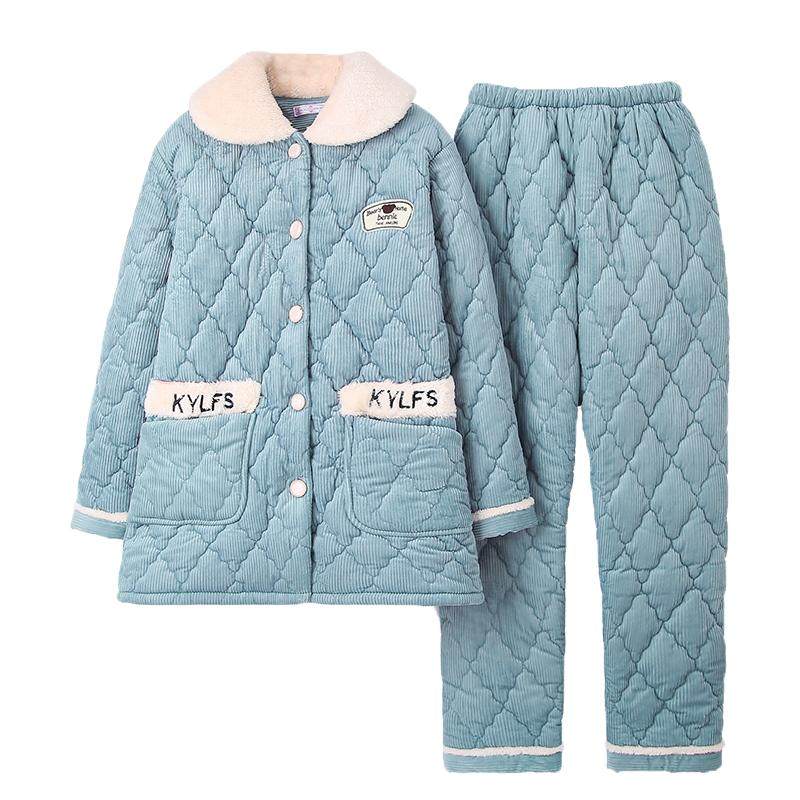 睡衣女士冬季款珊瑚绒三层加厚夹棉袄法兰保暖翻领超可外穿家居服