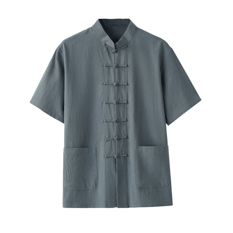 男士唐装中国风中老年人短袖薄款亚麻上衣夏季衬衫中式居士服禅意