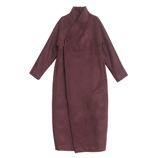 布麻范原创设计栗色羊毛尼长款斜襟高领落肩大衣长外套 云旗