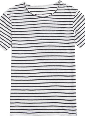 纯亚麻毛边黑白条纹针织短袖t恤