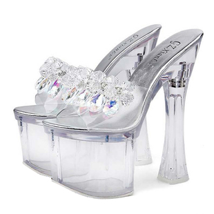 18CM超高跟粗跟凉鞋防水台厚底透明水晶露趾女鞋一字带夜店性感潮