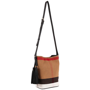 2024新款黄麻帆布单肩斜挎包女子母包大容量百搭流苏格子水桶包