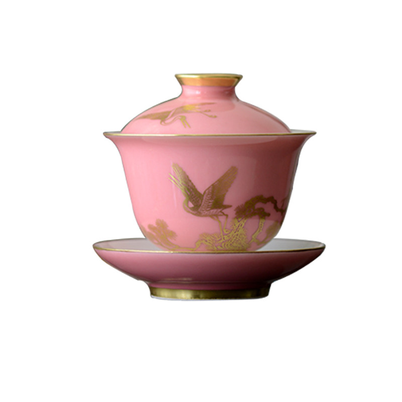 景德镇茶具粉色盖碗手工陶瓷小号泡茶碗三才盖碗单个描金仙鹤盖碗