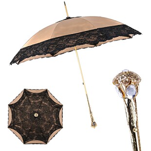 pasotti雨伞意大利手工黑色蕾丝奶油黄伞布太阳伞宝石女神晴雨伞