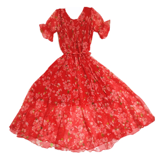 夏季2023波西米亚碎花长裙女喇叭袖雪纺连衣裙大摆大码度假沙滩裙